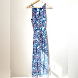 Blue Floral and Bird Tropical Maxi Dress Vacation Travel
